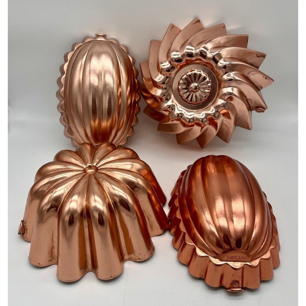 Lot of 4 Vintage Copper Tin Lined Hanging Fruit Molds Swirl, Starburst, Oval